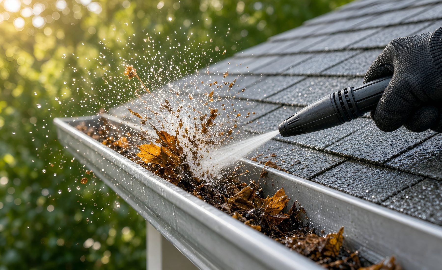 Gutter being cleared of leaves with water