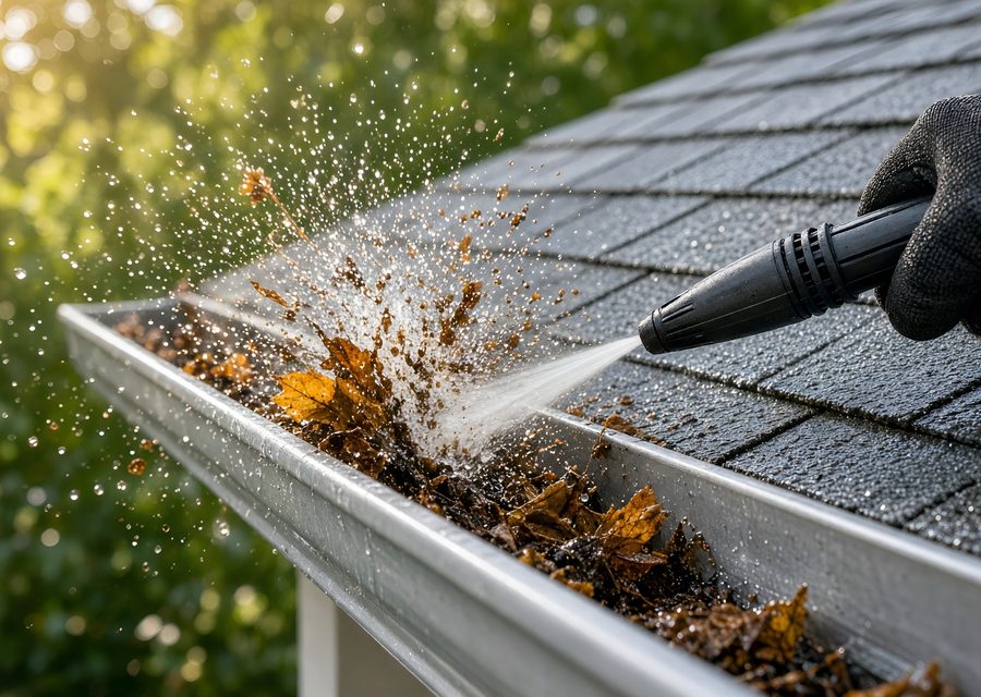 Leaves and debris flushed out of a gutter
