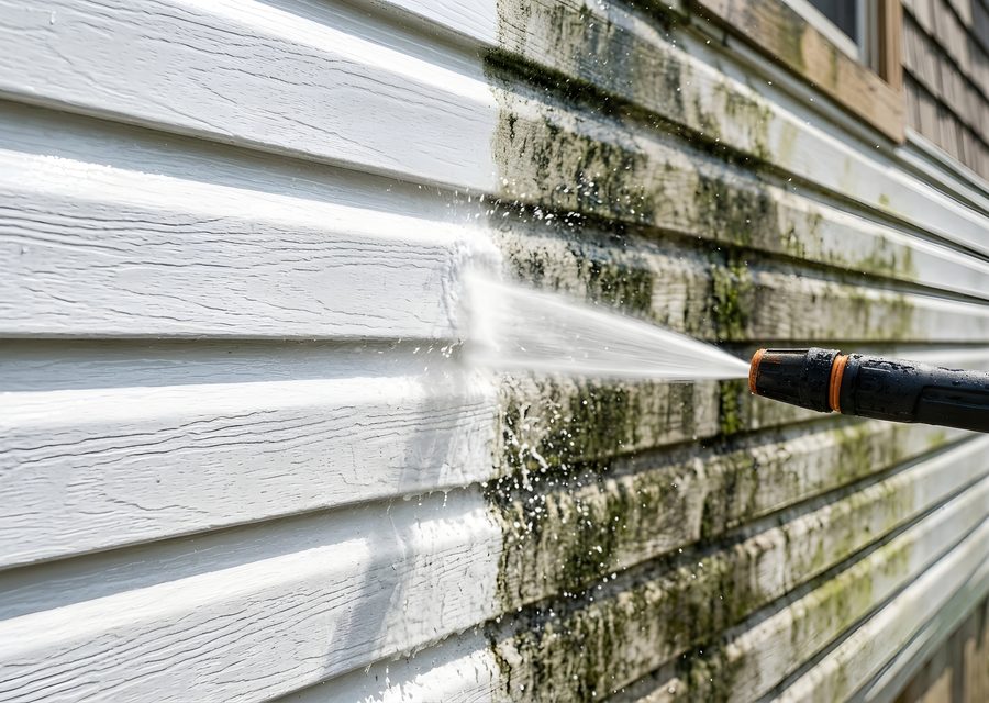 Green algae washed off white siding, half clean half dirty